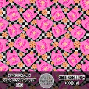 Puede incluir: Un patrón continuo con bolsas de plástico rosas con una cara sonriente amarilla y el texto Thrift Store Baddie, intercaladas con flores naranjas sobre un fondo de cuadros blancos y negros. La imagen incluye superposiciones de texto.
