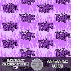 May include: A seamless digital pattern featuring the word BRAT in a bold, dark purple graffiti-style font with a white halo above each letter. The background is a light purple surface covered in a repeating pattern of darker purple flame outlines.