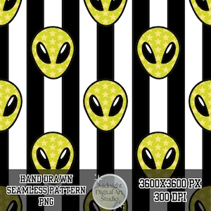May include: A seamless digital pattern featuring lime green alien heads with a repeating star texture, set against a background of vertical black and white stripes. The image includes text reading HAND DRAWN SEAMLESS PATTERN PNG and 3600X3600 PX 300 DPI.
