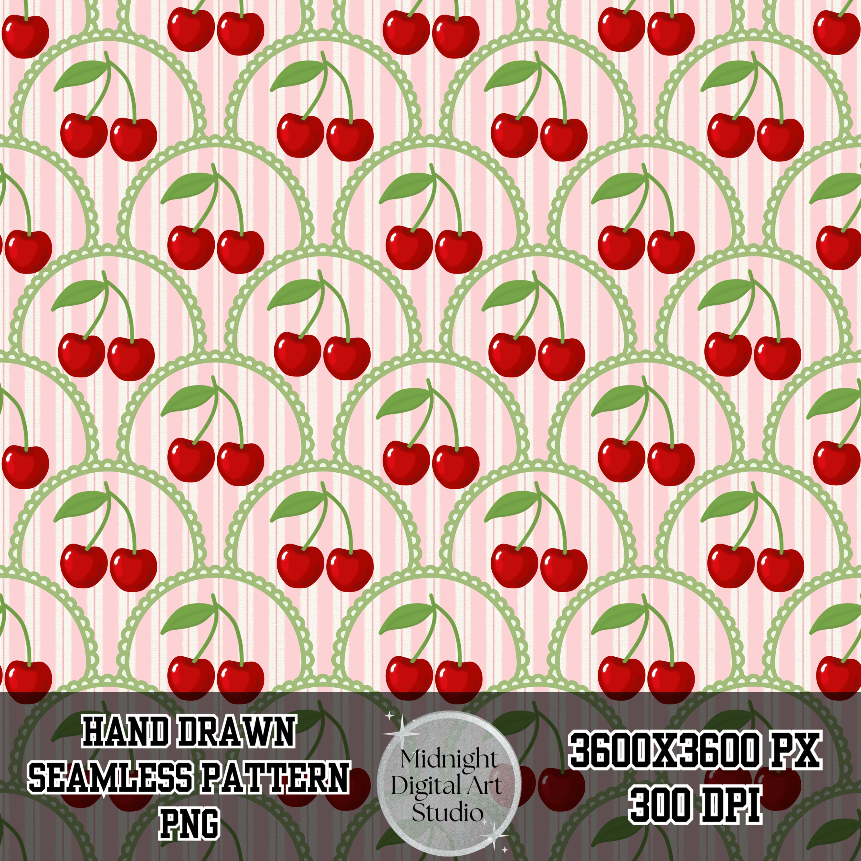 Vintage Cherry Seamless Pattern PNG, Pink Stripe Scallop Coquette ...