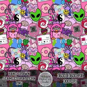Könnte beinhalten: Ein nahtloses Muster in Rosa mit Elementen der 90er Jahre: Furby-Spielzeuge, Alien-Köpfe, CDs, Tamagotchis, Smileys und das Wort „BRAT“. Das Muster enthält auch den Text „Toxic“ und „Britney Spears“. Ein farbenfrohes Retro-Design.