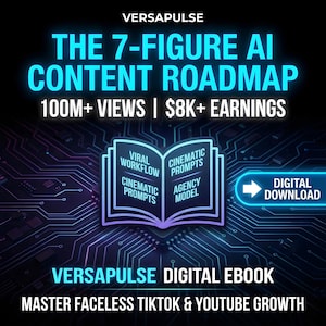 Op de afbeelding: Digitale ebook-omslag met de titel "THE 7-FIGURE AI CONTENT ROADMAP" in felblauw. De omslag bevat een afbeelding van een open boek met de woorden "VIRAL WORKFLOW", "CINEMATIC PROMPTS" en "AGENCY MODEL". De ebook belooft "100M+ VIEWS" en "$8K+ EARNINGS".