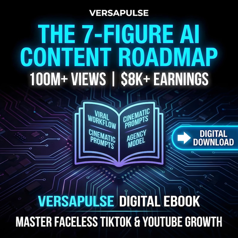 May include: Digital ebook cover with the title "THE 7-FIGURE AI CONTENT ROADMAP" in bright blue. The cover includes an open book graphic with the words "VIRAL WORKFLOW", "CINEMATIC PROMPTS", and "AGENCY MODEL". The ebook promises "100M+ VIEWS" and "$8K+ EARNINGS".