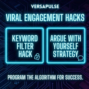 May include: A digital graphic with the text "VERSAPULSE VIRAL ENGAGEMENT HACKS." Two neon blue squares display "KEYWORD FILTER HACK" and "ARGUE WITH YOURSELF STRATEGY." The phrase "PROGRAM THE ALGORITHM FOR SUCCESS" is at the bottom.