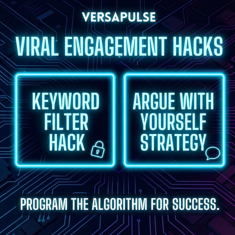 May include: A digital graphic with the text "VERSAPULSE VIRAL ENGAGEMENT HACKS." Two neon blue squares display "KEYWORD FILTER HACK" and "ARGUE WITH YOURSELF STRATEGY." The phrase "PROGRAM THE ALGORITHM FOR SUCCESS" is at the bottom.
