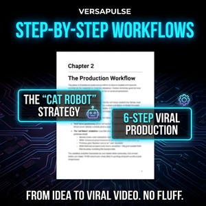 May include: A digital graphic promoting Versapulse's step-by-step workflows. The image features text that reads "Step-by-Step Workflows", "The 'Cat Robot' Strategy", and "6-Step Viral Production". The bottom of the image reads "From Idea to Viral Video. No Fluff."