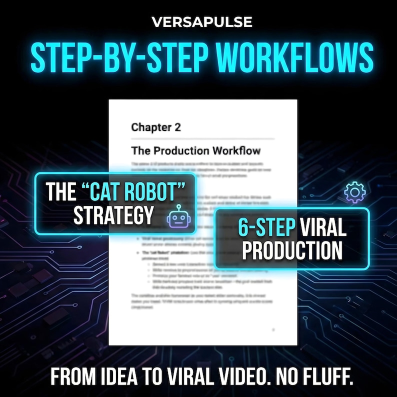 May include: A digital graphic promoting Versapulse's step-by-step workflows. The image features text that reads "Step-by-Step Workflows", "The 'Cat Robot' Strategy", and "6-Step Viral Production". The bottom of the image reads "From Idea to Viral Video. No Fluff."