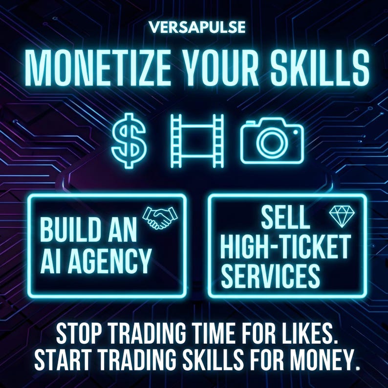 May include: A digital graphic with the text "VERSAPULSE" and "MONETIZE YOUR SKILLS" in a neon blue font. Icons of a dollar sign, film reel, and camera are displayed. Below, two boxes read "BUILD AN AI AGENCY" and "SELL HIGH-TICKET SERVICES."