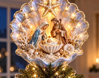 Personalized Nativity Christmas Tree Topper, Seashell Holy Family Tree Topper, Religious Coastal Holiday Decor