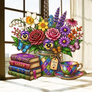 Op de afbeelding: Een kleurrijk decoratief stuk met een boeket bloemen, vlinders, boeken en een theekopje. Het boeket bevat rozen, viooltjes en madeliefjes. De boeken zijn opgestapeld met de naam "SAHAR" zichtbaar. Een theekopje en schotel zijn ook aanwezig, met de woorden "Choose Joy" op een label.