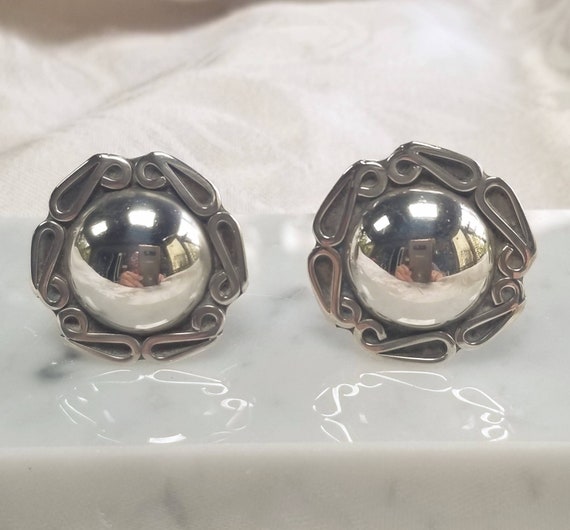 Signed Vintage Sterling Domed Earrings (Clip) - image 1