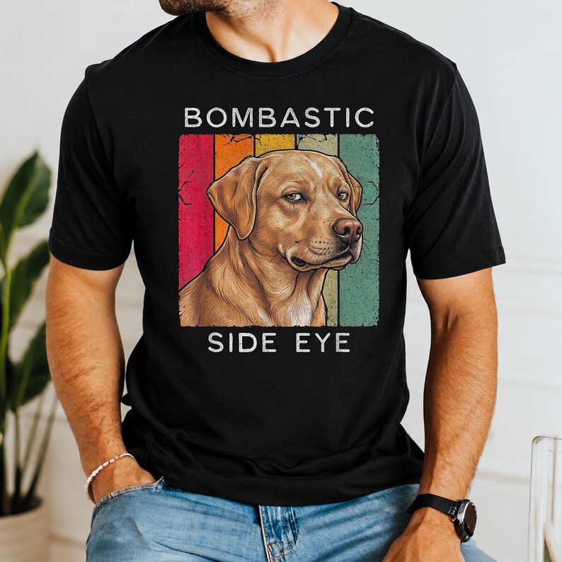 May include: Black t-shirt featuring a dog illustration with the text "BOMBASTIC SIDE EYE." The dog is a light brown color with a retro-style design. The text is in white, and the background has vertical stripes of red, orange, and green.