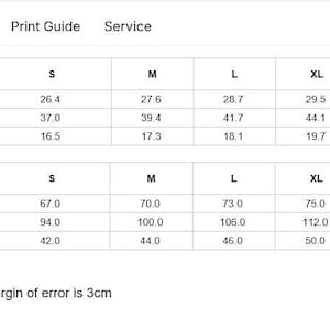 May include: A white t-shirt size guide with measurements in inches and centimeters. The chart includes length, bust, and shoulder measurements for sizes S, M, L, XL, 2XL, and 3XL. The text states the size chart is manually measured with a 3cm margin of error.