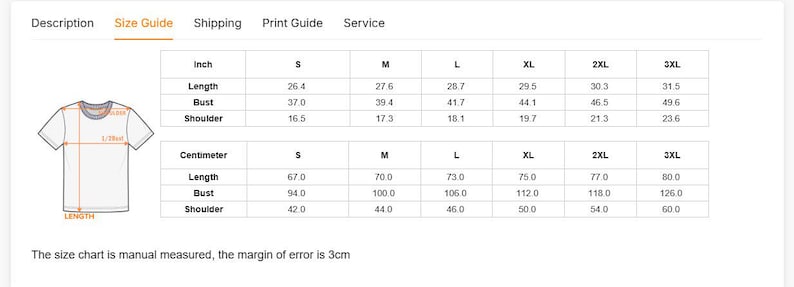 May include: A white t-shirt size guide with measurements in inches and centimeters. The chart includes length, bust, and shoulder measurements for sizes S, M, L, XL, 2XL, and 3XL. The text states the size chart is manually measured with a 3cm margin of error.