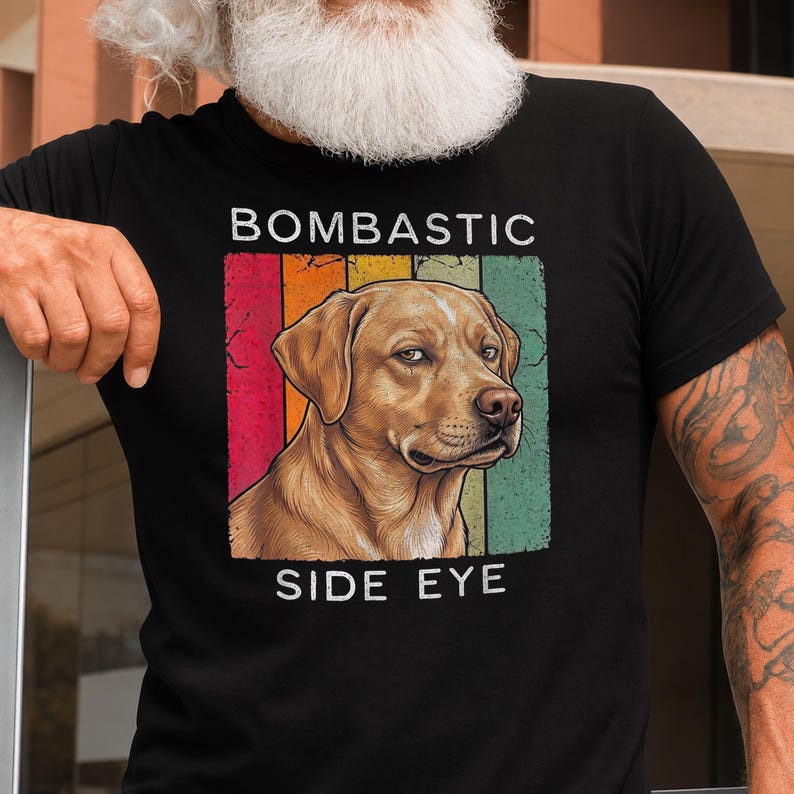 May include: Black t-shirt featuring a graphic of a golden Labrador Retriever with the text "BOMBASTIC SIDE EYE." The dog illustration is set against a retro-style background of vertical stripes in red, orange, yellow, green, and teal.