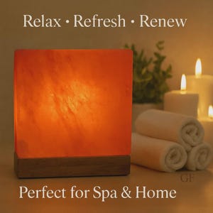 Lámpara cúbica moderna de sal del Himalaya con base de madera - Lámpara de roca rosa natural tallada a mano