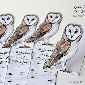 May include: Four white and brown barn owl die-cut bookmarks with the text "Imagination is a gift - let it free" printed on a birch bark background. The bookmarks are made from 100% recycled card.
