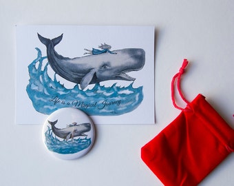 Whale Rider - Postcard and Mirror - Girl and a Whale - Stocking Filler - Beautiful Gift Set