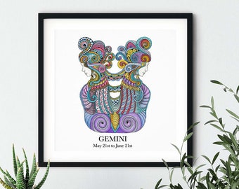 Gemini Zodiac Art Print, Ciglee print, Personalised Print