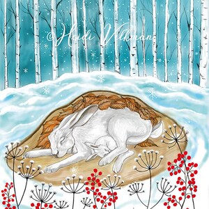 Peut inclure: Illustration d'hiver avec deux lapins blancs endormis sur un lit de feuilles. En arrière-plan, un paysage enneigé avec des bouleaux et des flocons de neige. Des baies rouges et des plantes délicates encadrent le bas.