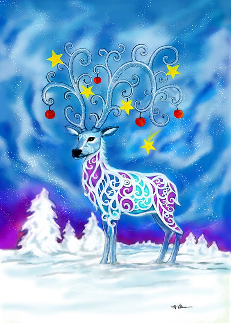 Cerf magique Carte de voeux Carte de Noël Yule Cerf de | Etsy