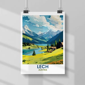 May include: A poster print showcasing a picturesque landscape of Lech, Austria. The artwork presents a tranquil lake embraced by verdant hills, towering mountains, and a cerulean sky dotted with clouds. The print includes the text "LECH AUSTRIA" at the bottom.