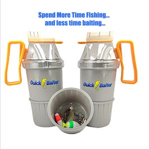 May include: Image of two gray Quick Baiter containers with orange handles and lids. The containers have a clear top and a yellow lightning bolt logo. A small gray container with fishing lures is in front of the containers. Text at the top says, "Spend More Time Fishing... and less time baiting..."