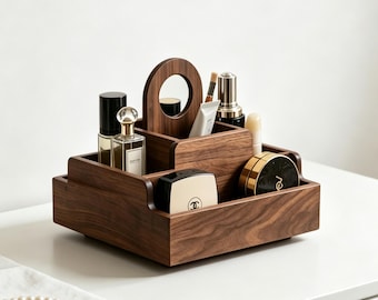 Contenitore in legno di noce con base girevole, organizer diviso per cosmetici da scrivania.