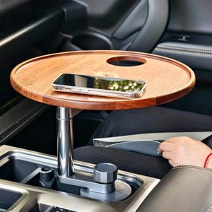 Adjustable Wood Car Tray Table, Cup Holder Mount Snack Tray, Round Center Console Organizer for Road Trips and Passenger Seat