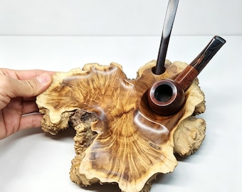 Handmade Burl Wood Pipe Rest & Tobacco Prep Tray, Natural Flame Grain Pear Tree Root Pipe Holder, Solid Wood Humidifying Tobacco Work Tray
