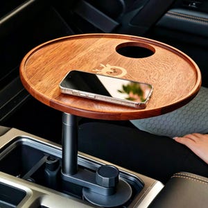 Wood Car Cup Holder Tray, Adjustable Center Console Snack Table, Round Car Travel Tray with Drink Hole, Road Trip Organizer Gift