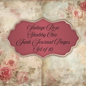 Puede incluir: Juego de páginas de diario Vintage Rose Shabby Chic, juego de 10. La imagen presenta un conjunto de páginas de diario de estilo vintage con una combinación de colores rosa y crema. Las páginas están adornadas con ilustraciones de rosas y escritura manuscrita, con una etiqueta decorativa.