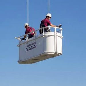 May include: Two people in a white suspended work platform with a safety railing, wearing helmets and harnesses. The platform has the text "ABSOLUTE SMITH" and "A SONIC OMNI" on the side. The background is a clear blue sky.
