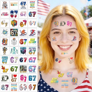 May include: A collection of temporary tattoos featuring the numbers 67 and the words "Six Seven" in various fonts and colors. Some designs include additional graphics and text, such as "Aura Energy" and "Listen Up Rizzlers".