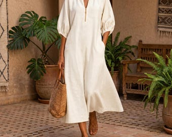 Boho Midi Dress with Balloon Sleeves, Pockets and Zip Neckline, Casual Summer Boho Beach Vacation