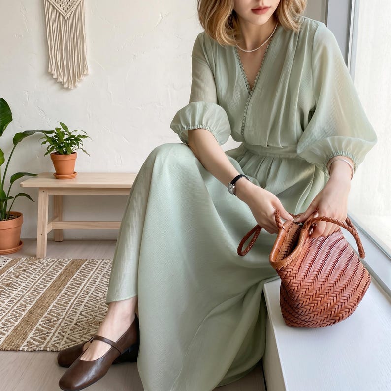 May include: A light sage green midi dress featuring a V-neckline with delicate lace trim, three-quarter length puff sleeves, and a cinched waist. The dress is paired with dark brown leather Mary Jane shoes and a woven brown leather handbag.