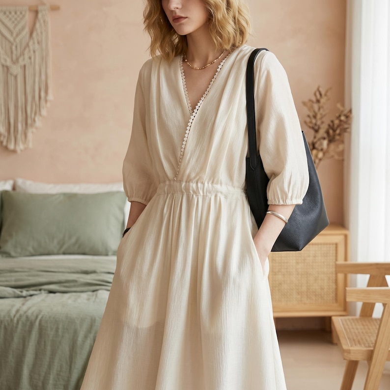 Boho Tie Waist Maxi Dress, Tencel Blend V Neck Sundress, Lace Detail Midi Gown, Relaxed Vacation Outfit for Women image 5