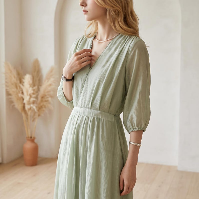 Boho Tie Waist Maxi Dress, Tencel Blend V Neck Sundress, Lace Detail Midi Gown, Relaxed Vacation Outfit for Women image 3