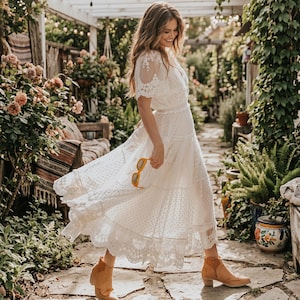 white lace dress with tan underneath Lace Detail White Maxi Dress | Trendy Women's Clothing