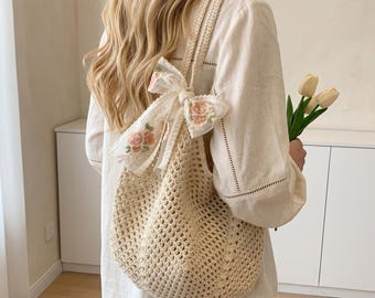 Woven Crochet Beach Bag, Hollow Knit Shoulder Tote, Boho Summer Handbag, Large Resort Purse, Vacation Straw Style Bag