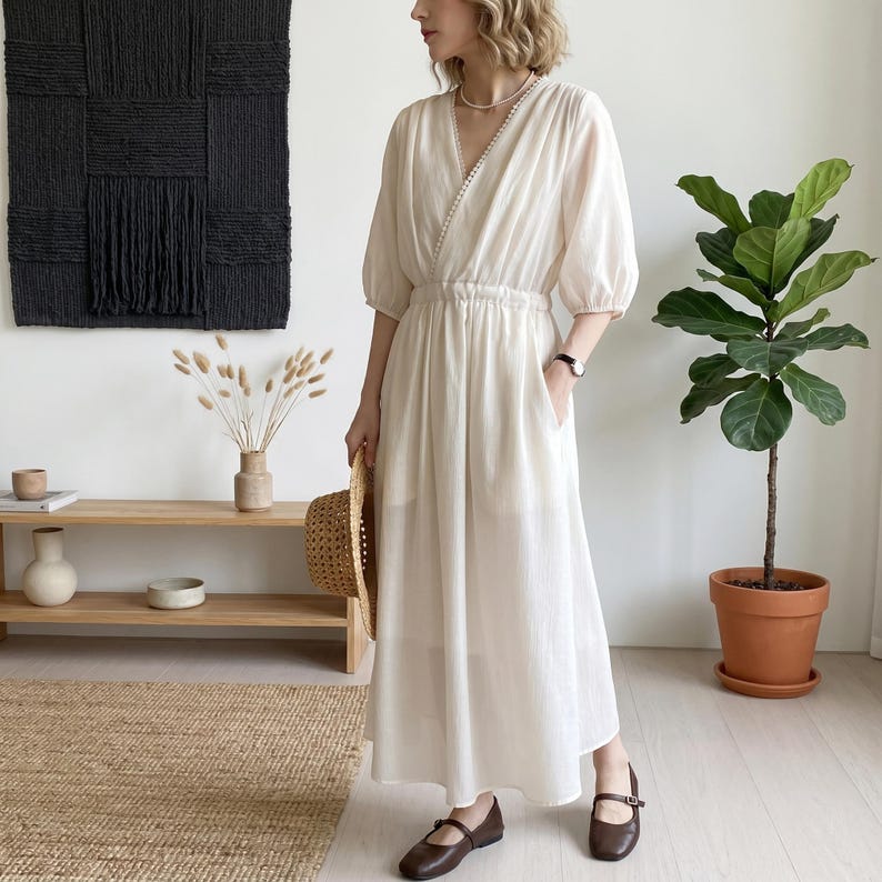 Boho Tie Waist Maxi Dress, Tencel Blend V Neck Sundress, Lace Detail Midi Gown, Relaxed Vacation Outfit for Women Blush Apricot Pink