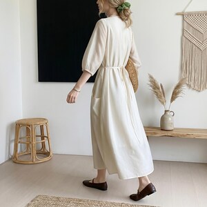 Boho Tie Waist Maxi Dress, Tencel Blend V Neck Sundress, Lace Detail Midi Gown, Relaxed Vacation Outfit for Women image 6