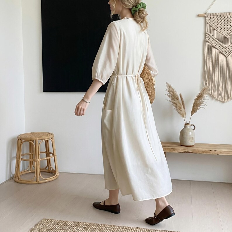 Boho Tie Waist Maxi Dress, Tencel Blend V Neck Sundress, Lace Detail Midi Gown, Relaxed Vacation Outfit for Women image 6
