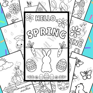 Puede incluir: Una colección de páginas para colorear en blanco y negro con temática de Pascua. La página central dice "HELLO, SPRING" con ilustraciones de conejos, zanahorias y huevos. Otras páginas presentan conejos, huevos, flores y el texto "HAPPY".