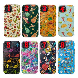 May include: Eight colorful phone cases with Mexican-themed designs. The cases feature illustrations of guitars, sombreros, cacti, maracas, and sugar skulls. The color palette includes vibrant hues of orange, blue, green, and pink.