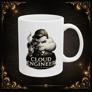 Peut inclure: Mug en céramique blanche avec un personnage de nuage de dessin animé habillé en détective, tenant une loupe et fumant une pipe. Le mug porte le texte "CLOUD ENGINEER" en gras.