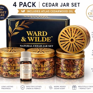 May include: A 4-pack of natural cedar jar set by Ward & Wilde. The set includes a box, three jars, and a bottle of Atlas cedarwood oil. The jars have gold lids and are filled with cedar chips. The packaging features the text "Natural Closet Care".