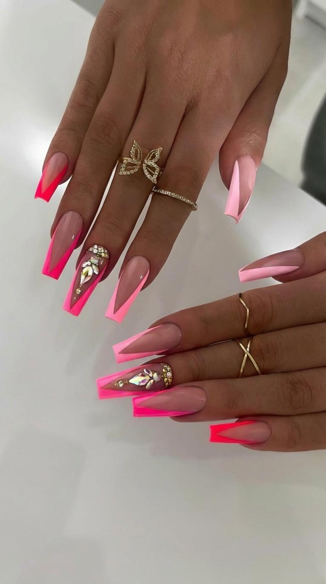 Neon Pink V French Tip Coffin Press on Nails AB Crystal Cluster Nails ...
