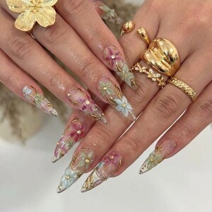 Luxury Clear Floral Press On Nails 3D Flower Long Stiletto Nails Gold Chrome Fake Nails Jelly Encapsulated Nails Celestial Cottagecore