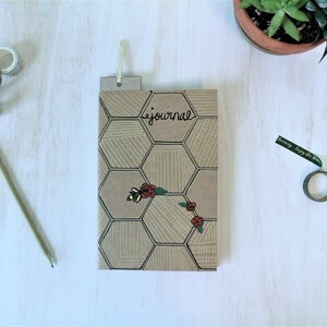 Handpainted Kraft Journal - Bee and Honeycomb - Lined Daily Journal - Gifts Under 20 - Blank Notebook - Bee and Flower Art - Note Pad